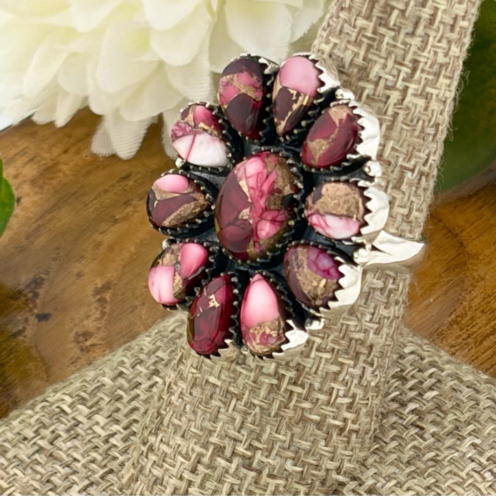 Pure Sterling Silver 925 Red Dahlia Turquoise Cluster Ring Size 7 Navajo Style - Picture 6 of 12
